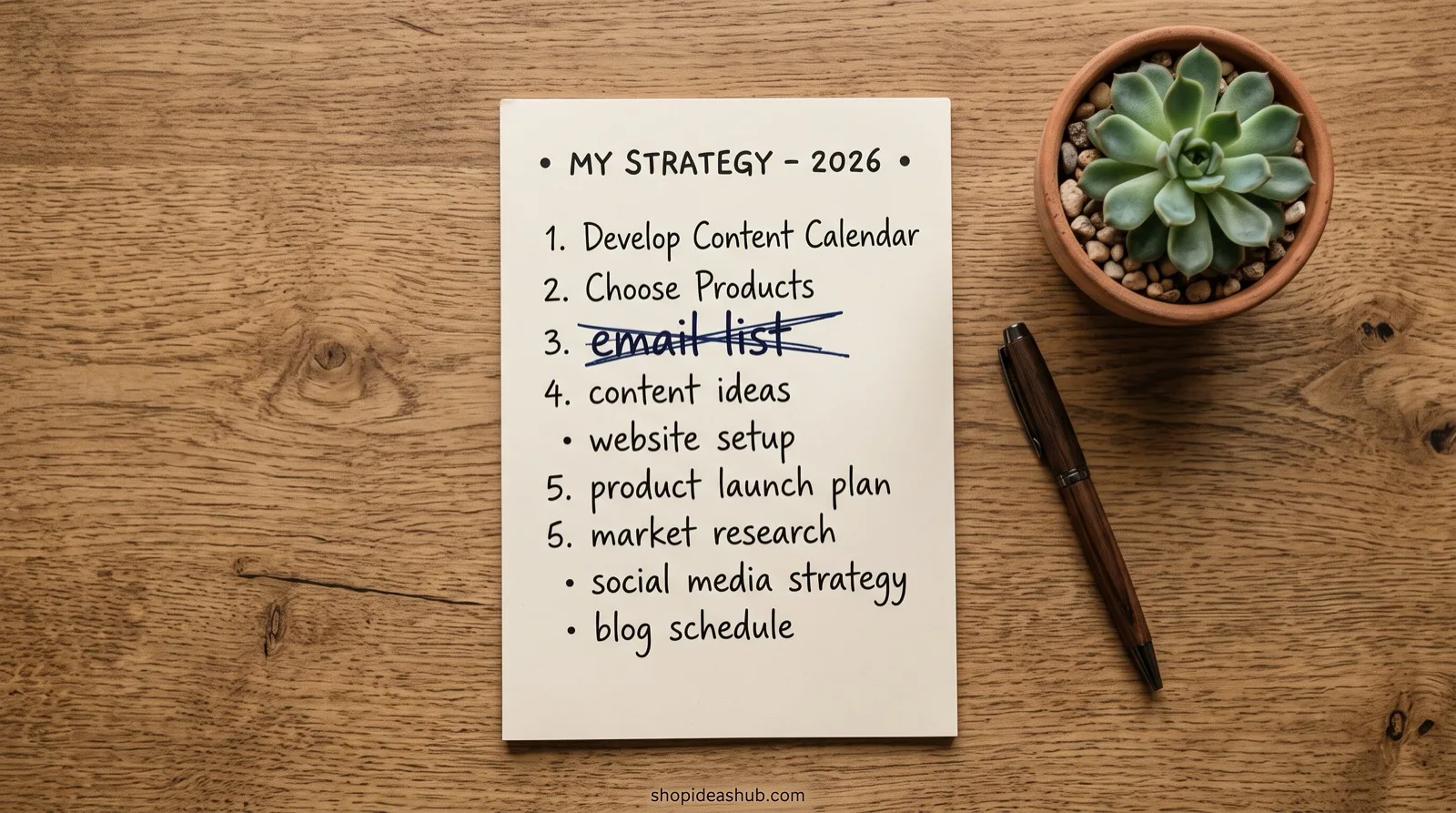 Printed planning sheet with the line email list crossed out by hand