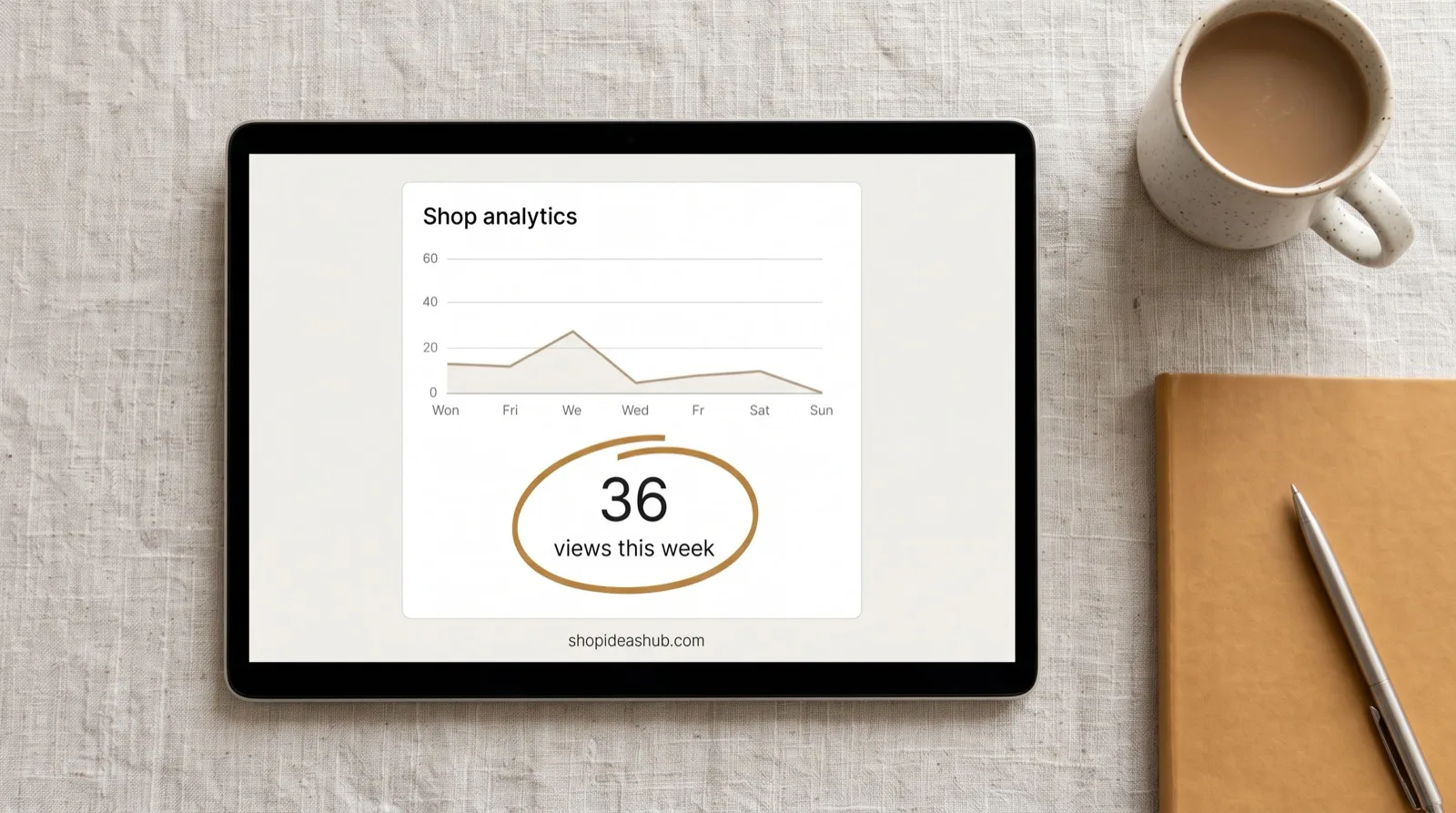 Laptop screen showing a shop analytics page with a circled weekly views number