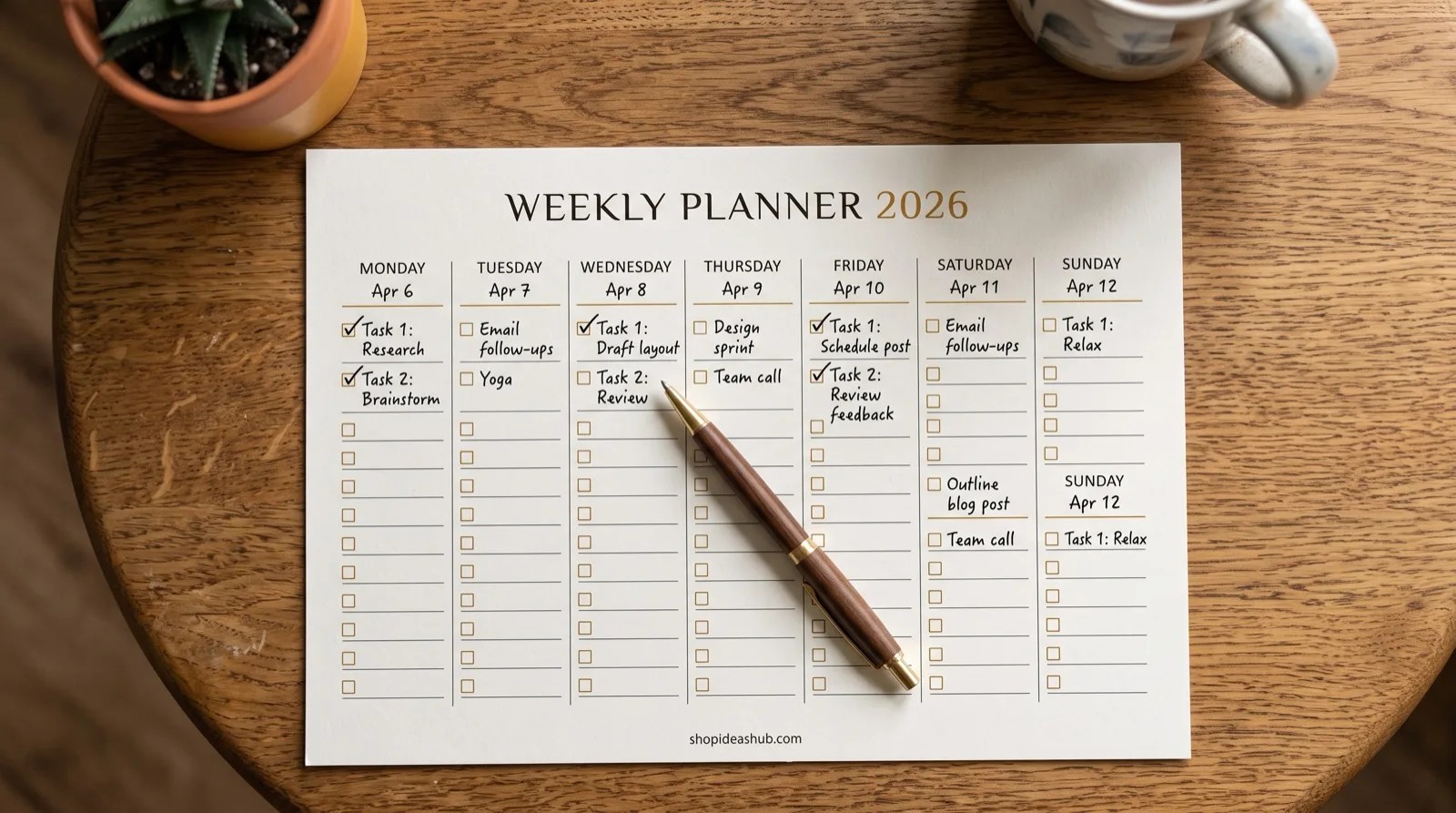 Printed weekly planning calendar with a few boxes checked off