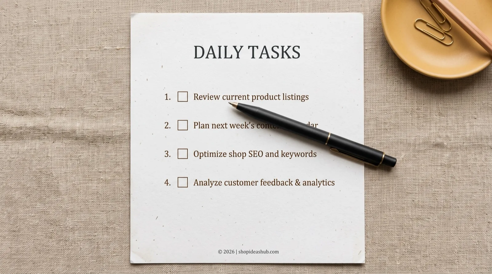 Printed numbered checklist with four items and a pen resting across it